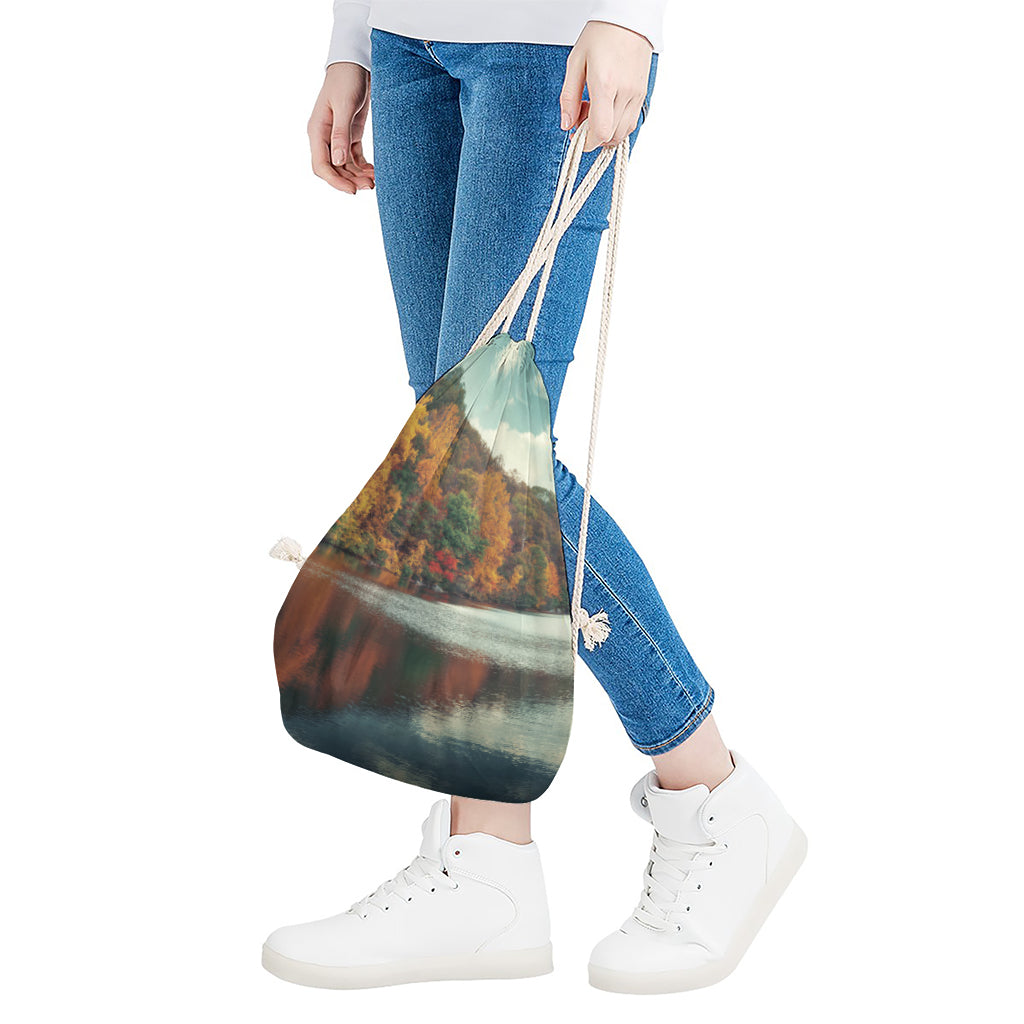 Autumn Lake Print Drawstring Bag