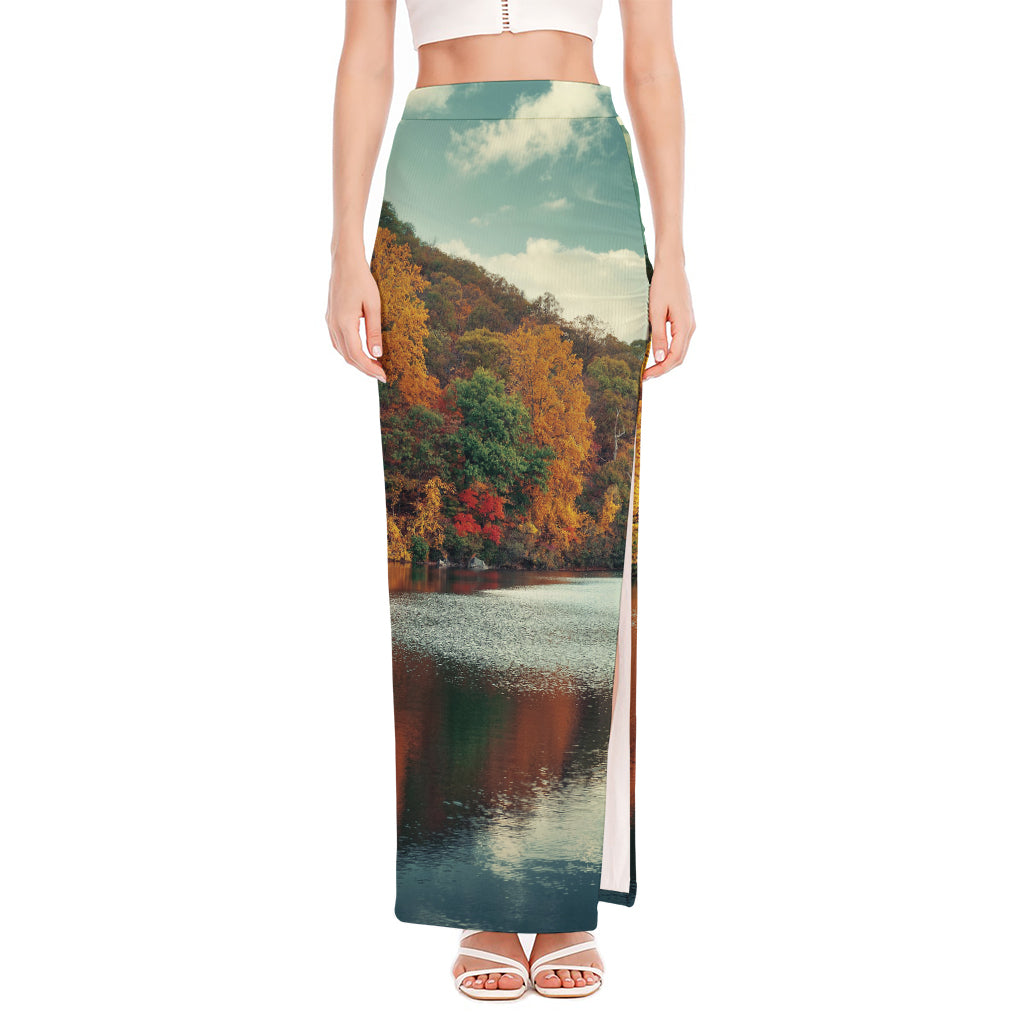 Autumn Lake Print High Slit Maxi Skirt