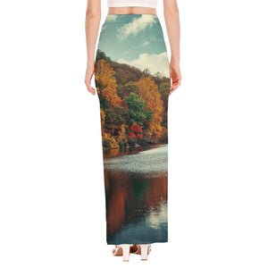 Autumn Lake Print High Slit Maxi Skirt