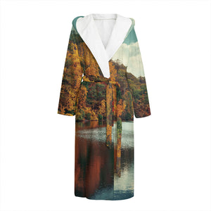 Autumn Lake Print Hooded Bathrobe