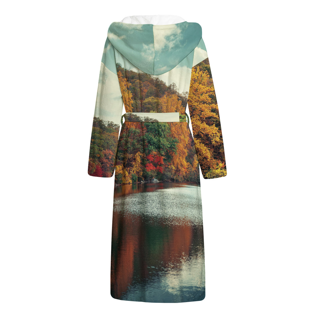 Autumn Lake Print Hooded Bathrobe