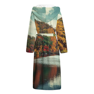 Autumn Lake Print Hooded Bathrobe