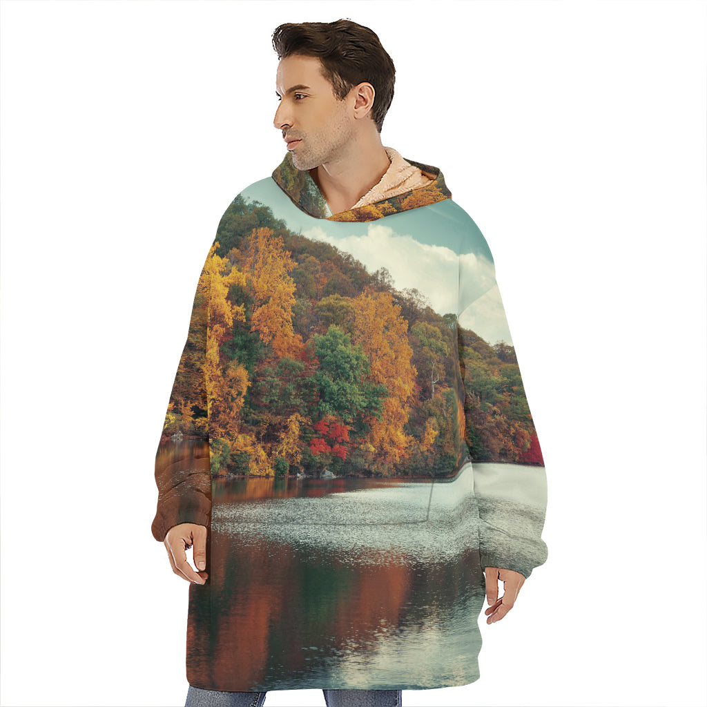 Autumn Lake Print Hoodie Blanket