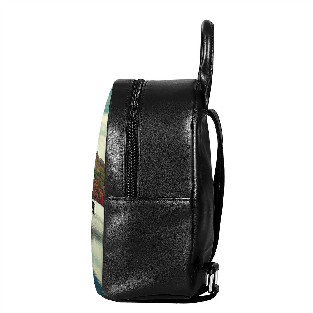 Autumn Lake Print Leather Backpack