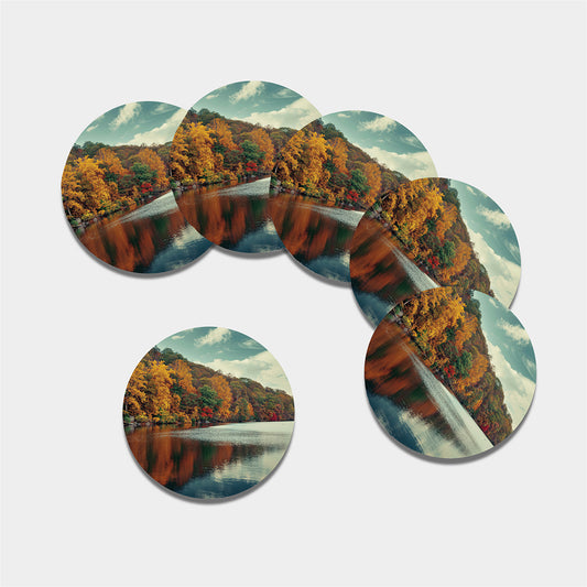Autumn Lake Print Leather Coaster Set
