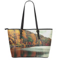 Autumn Lake Print Leather Tote Bag With Zipper