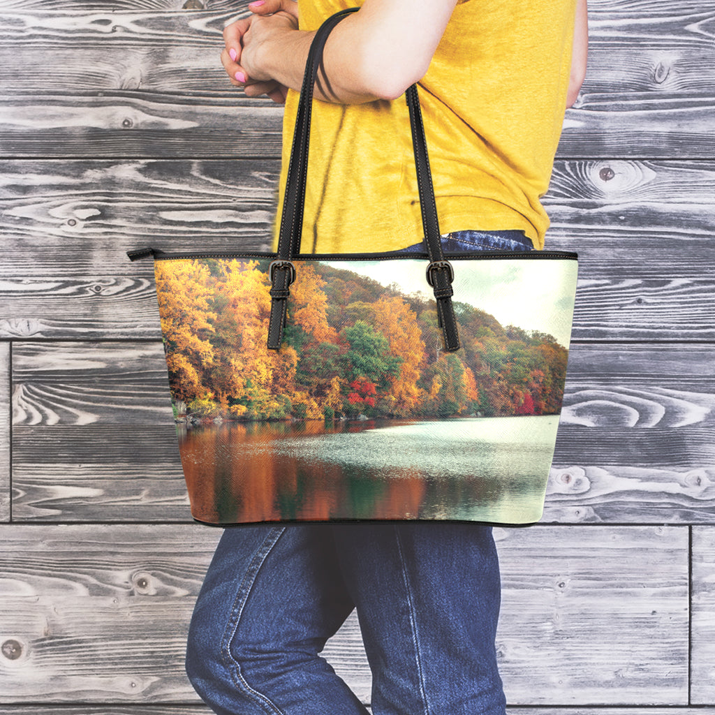 Autumn Lake Print Leather Tote Bag