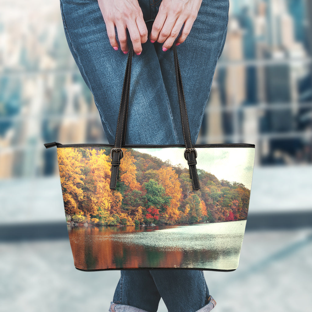 Autumn Lake Print Leather Tote Bag