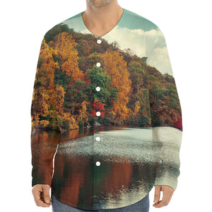 Autumn Lake Print Long Sleeve Baseball Jersey