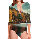 Autumn Lake Print Long Sleeve Swimsuit