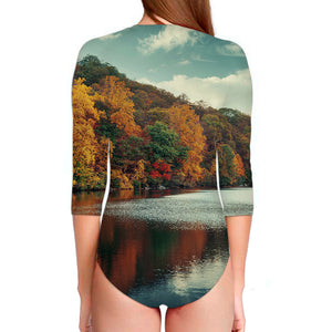 Autumn Lake Print Long Sleeve Swimsuit