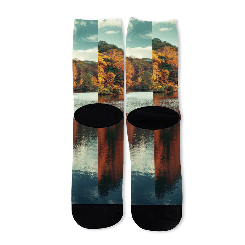 Autumn Lake Print Long Socks