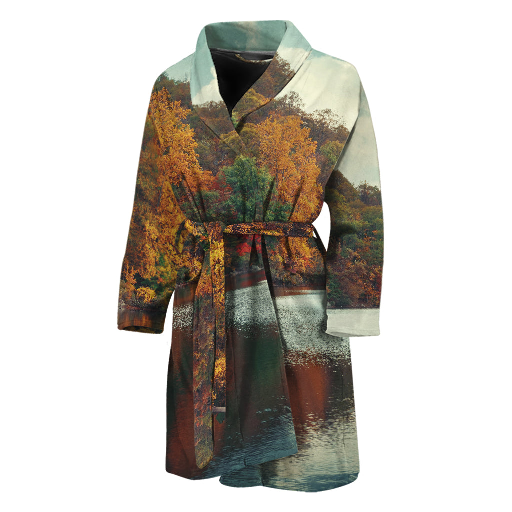 Autumn Lake Print Men's Bathrobe