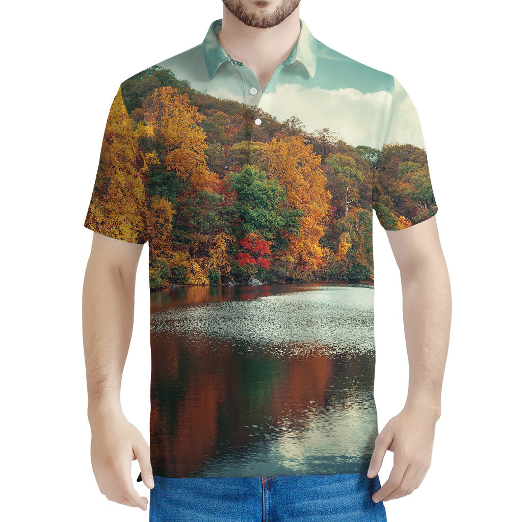 Autumn Lake Print Men's Polo Shirt