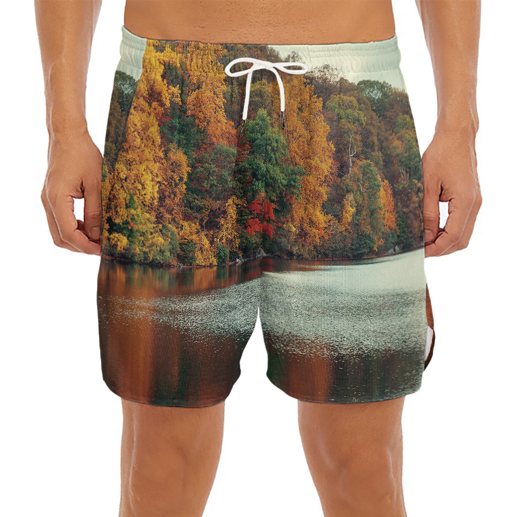 Autumn Lake Print Men's Split Running Shorts