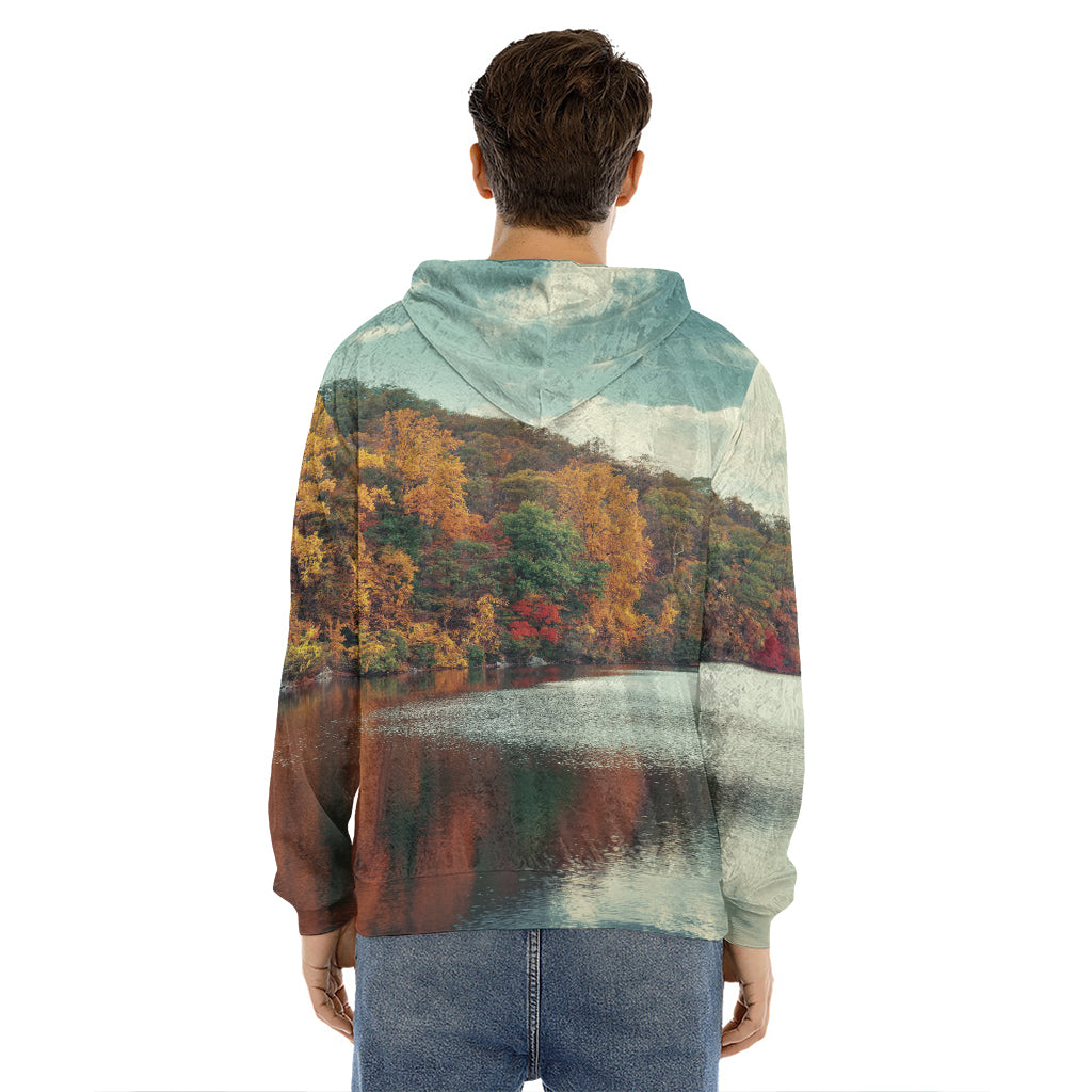 Autumn Lake Print Men's Velvet Pullover Hoodie