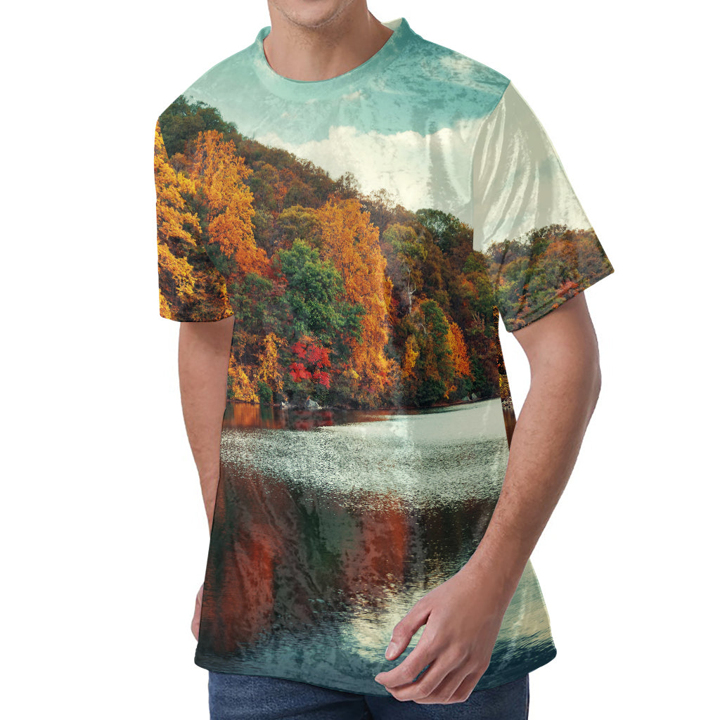 Autumn Lake Print Men's Velvet T-Shirt