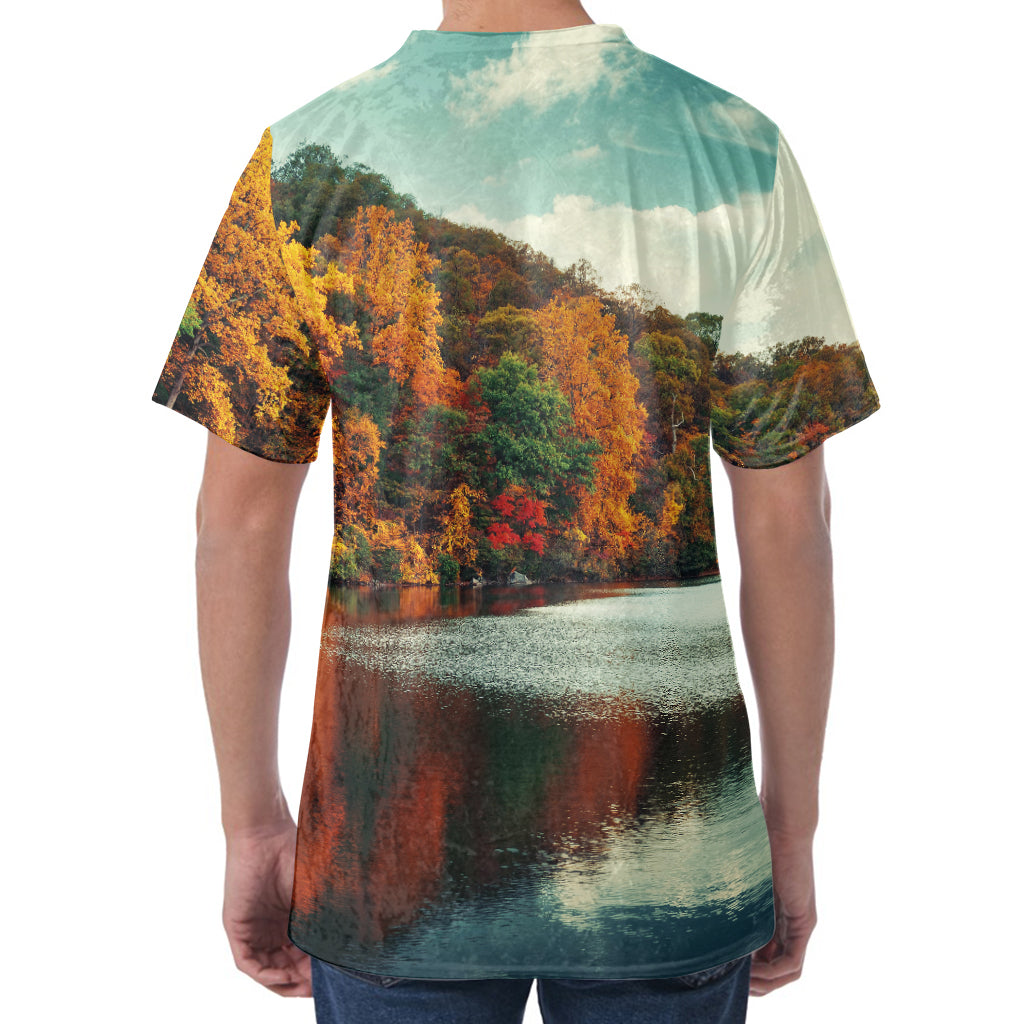 Autumn Lake Print Men's Velvet T-Shirt