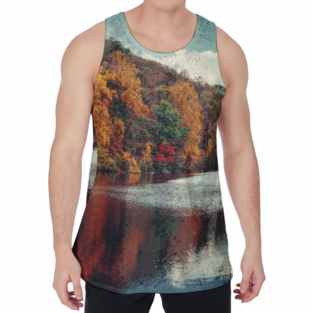 Autumn Lake Print Men's Velvet Tank Top