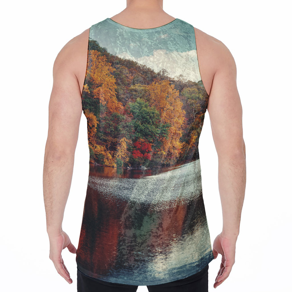 Autumn Lake Print Men's Velvet Tank Top