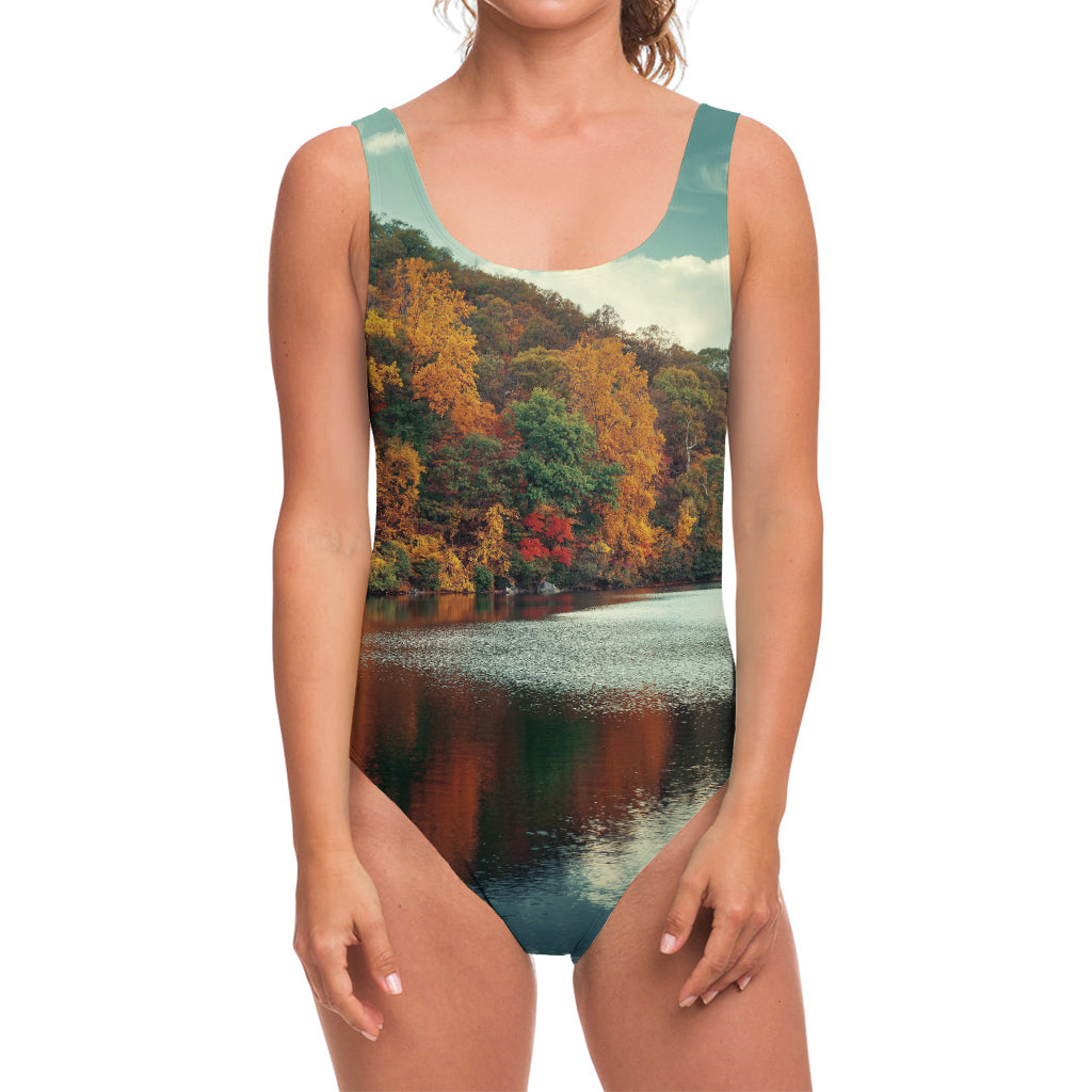 Autumn Lake Print One Piece Swimsuit