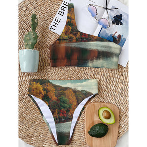 Autumn Lake Print One Shoulder Bikini Top