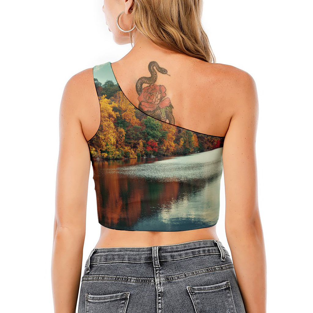 Autumn Lake Print One Shoulder Crop Top