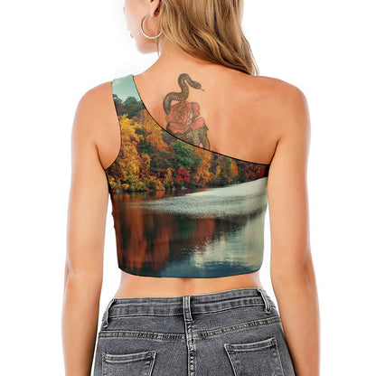 Autumn Lake Print One Shoulder Crop Top
