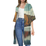 Autumn Lake Print Open Front Beach Cover Up