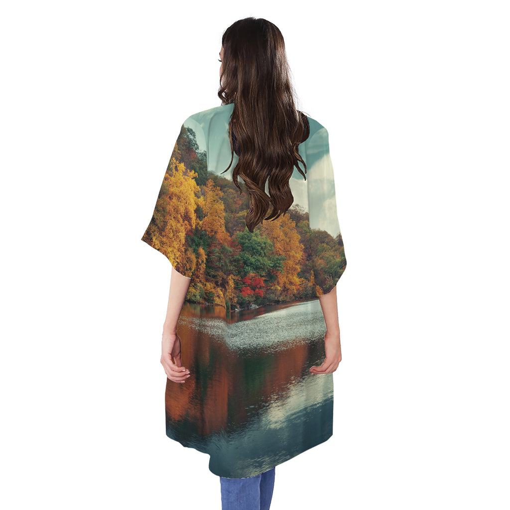 Autumn Lake Print Open Front Beach Cover Up