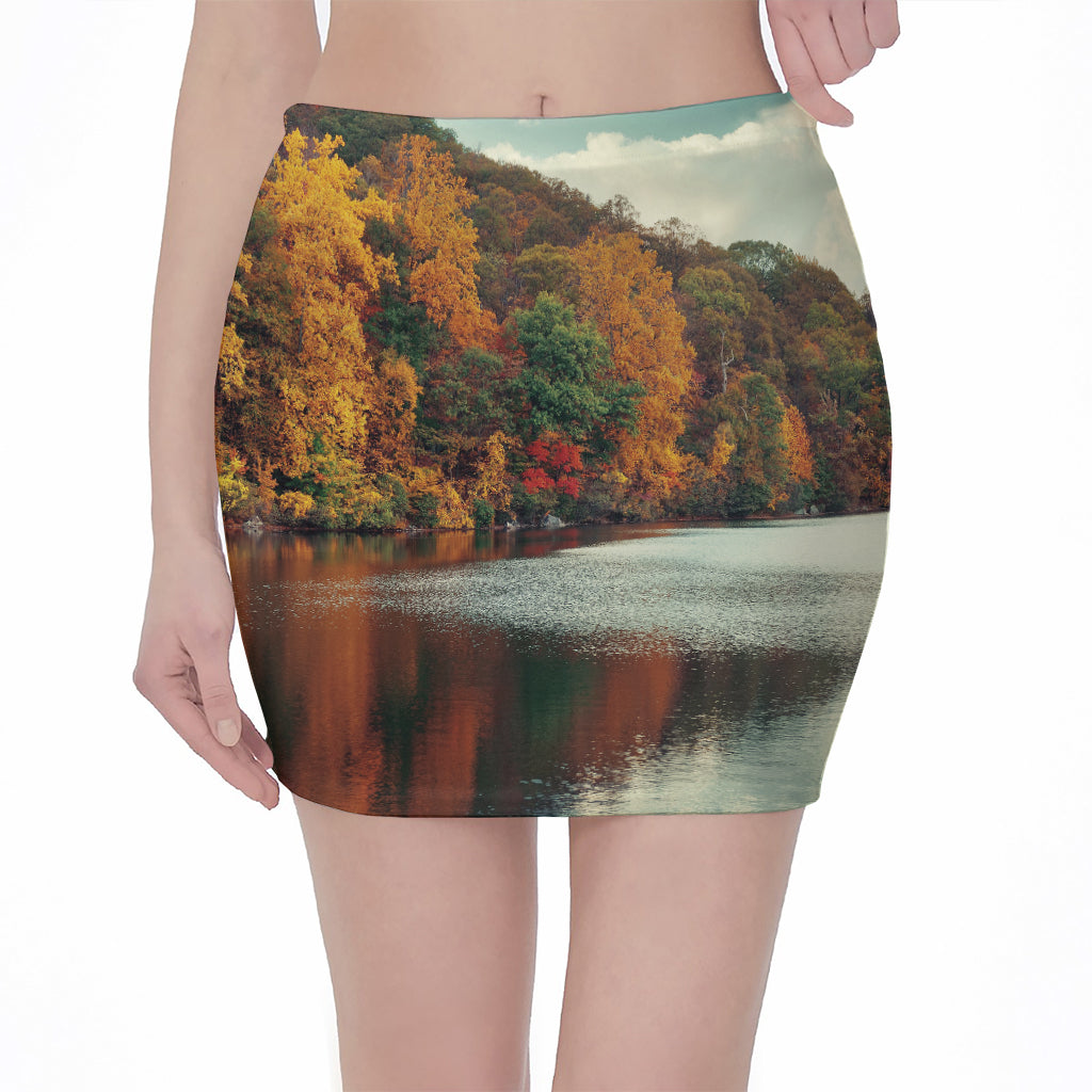 Autumn Lake Print Pencil Mini Skirt