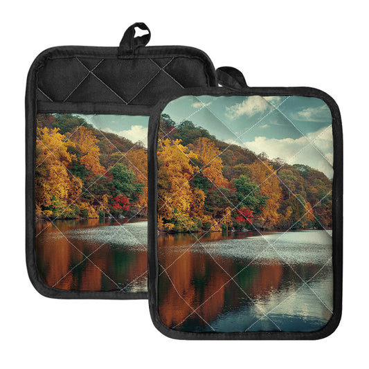 Autumn Lake Print Pot Holders With Pocket