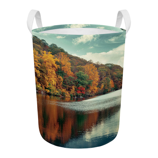 Autumn Lake Print Round Laundry Basket