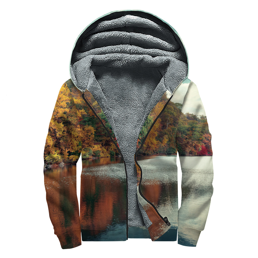 Autumn Lake Print Sherpa Lined Zip Up Hoodie