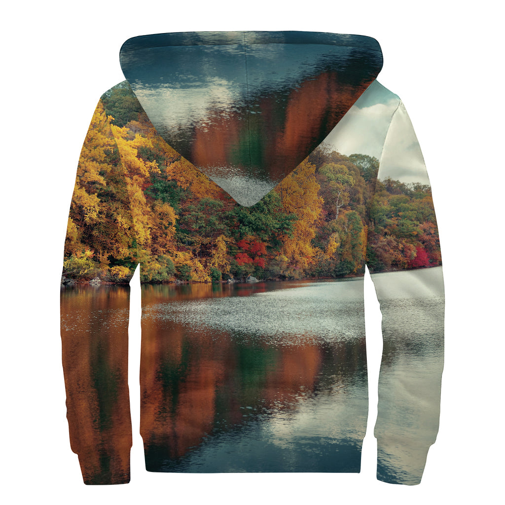 Autumn Lake Print Sherpa Lined Zip Up Hoodie