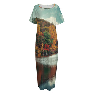 Autumn Lake Print Short Sleeve Long Nightdress