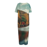 Autumn Lake Print Short Sleeve Long Nightdress