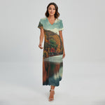 Autumn Lake Print Short Sleeve Maxi Dress