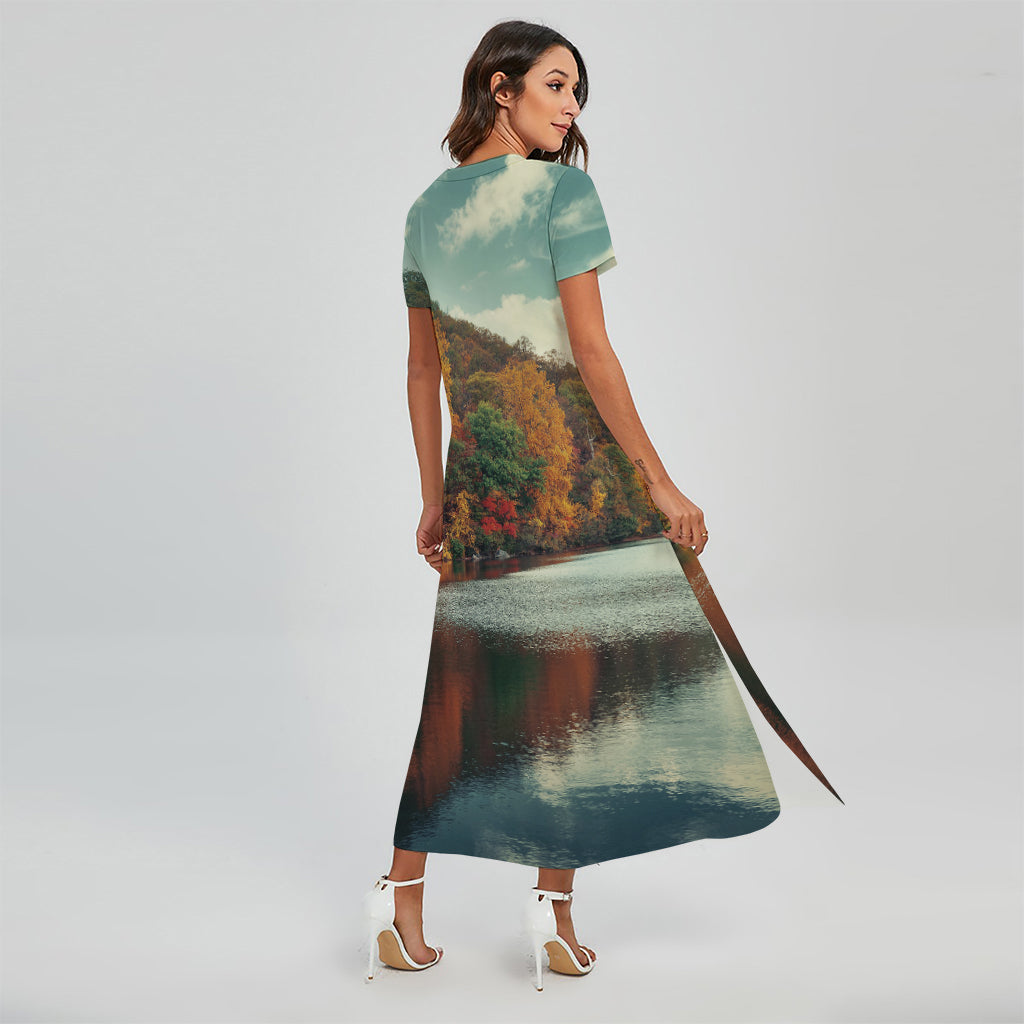 Autumn Lake Print Short Sleeve Maxi Dress