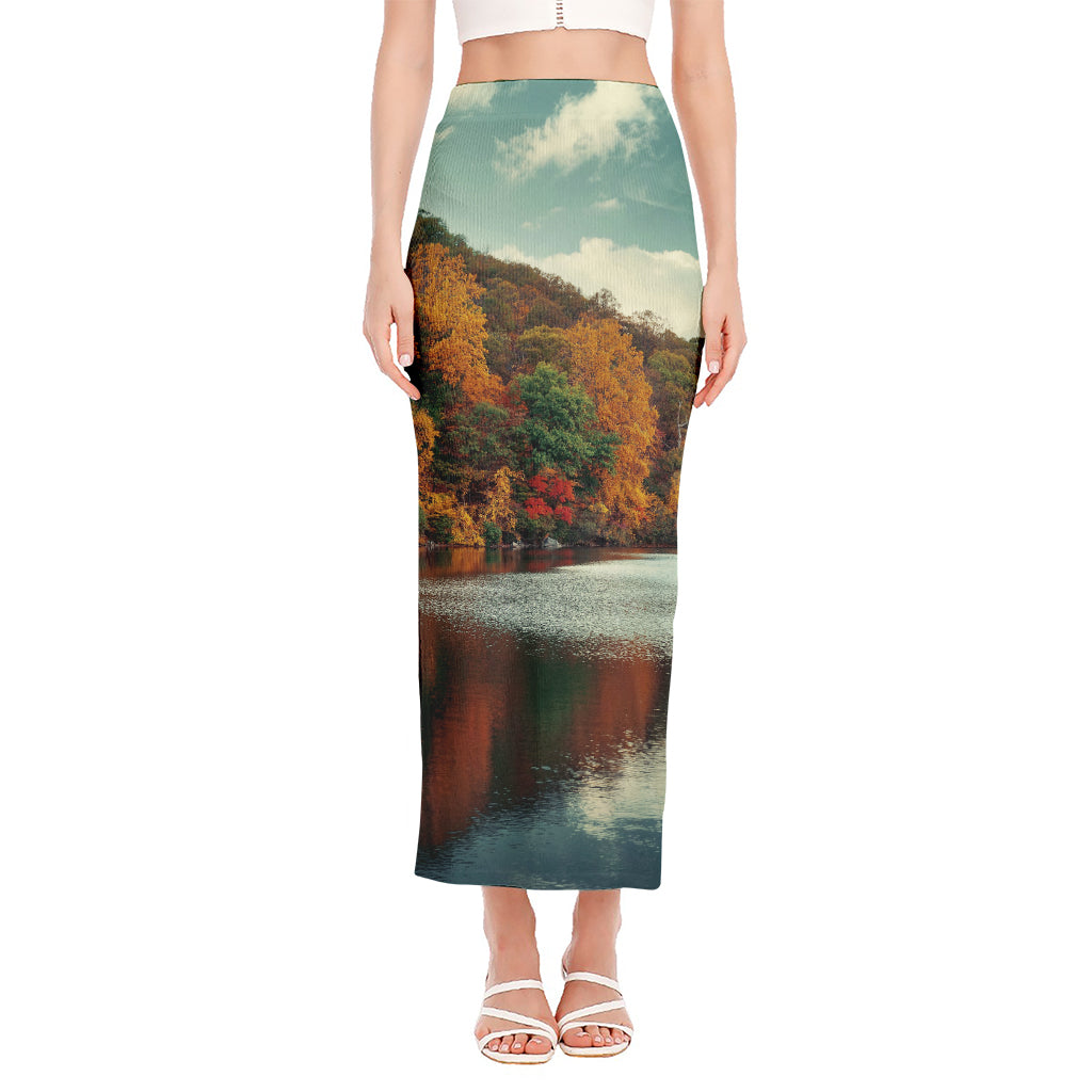 Autumn Lake Print Side Slit Maxi Skirt