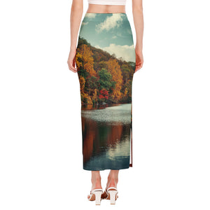 Autumn Lake Print Side Slit Maxi Skirt