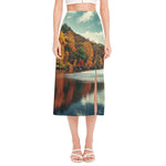 Autumn Lake Print Side Slit Midi Skirt