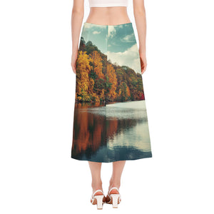 Autumn Lake Print Side Slit Midi Skirt