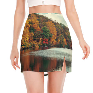 Autumn Lake Print Side Slit Mini Skirt