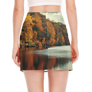 Autumn Lake Print Side Slit Mini Skirt