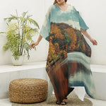 Autumn Lake Print Silk V-Neck Kaftan Dress