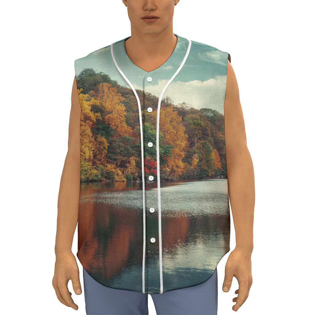 Autumn Lake Print Sleeveless Baseball Jersey