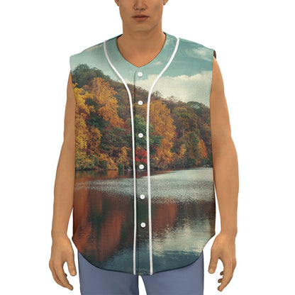 Autumn Lake Print Sleeveless Baseball Jersey