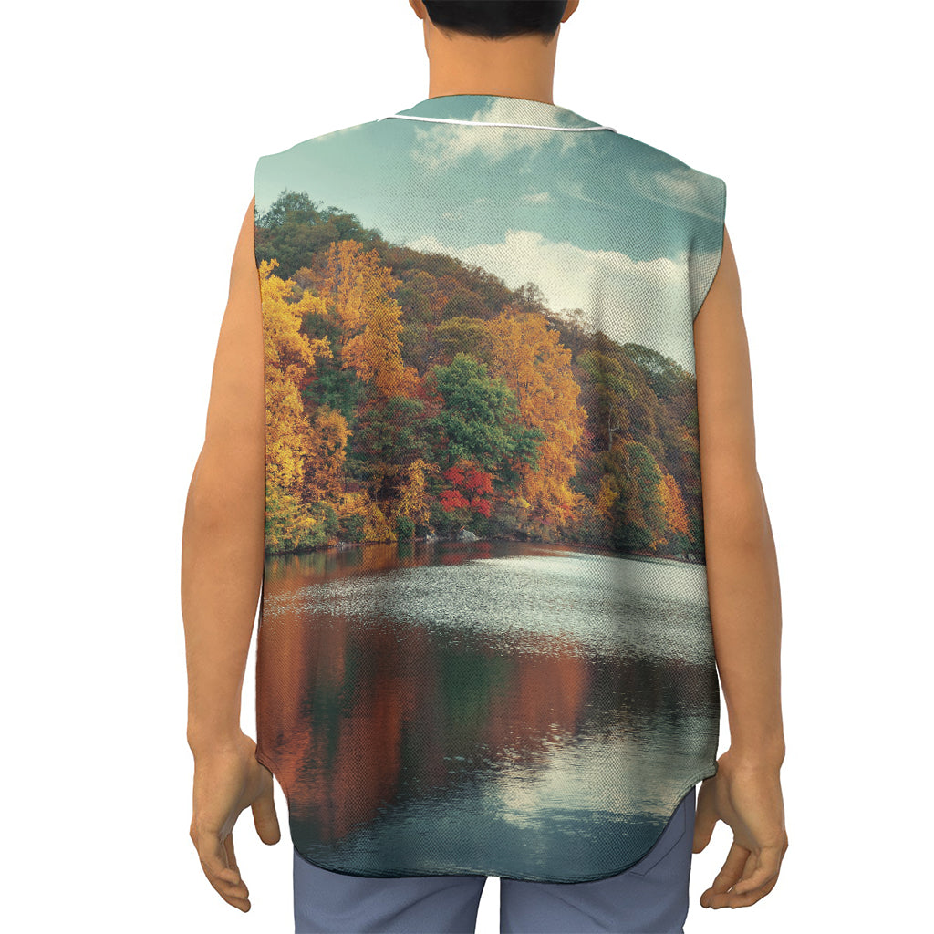 Autumn Lake Print Sleeveless Baseball Jersey