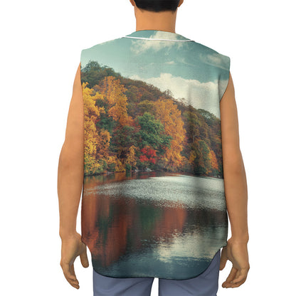 Autumn Lake Print Sleeveless Baseball Jersey